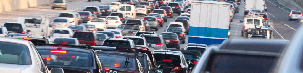 A heavy traffic jam on a large highway